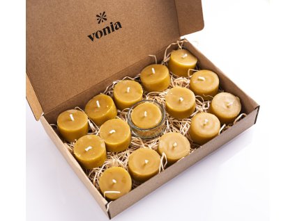 Vonia Čajové sviečky včelí vosk zerowaste 15ks + svietnik